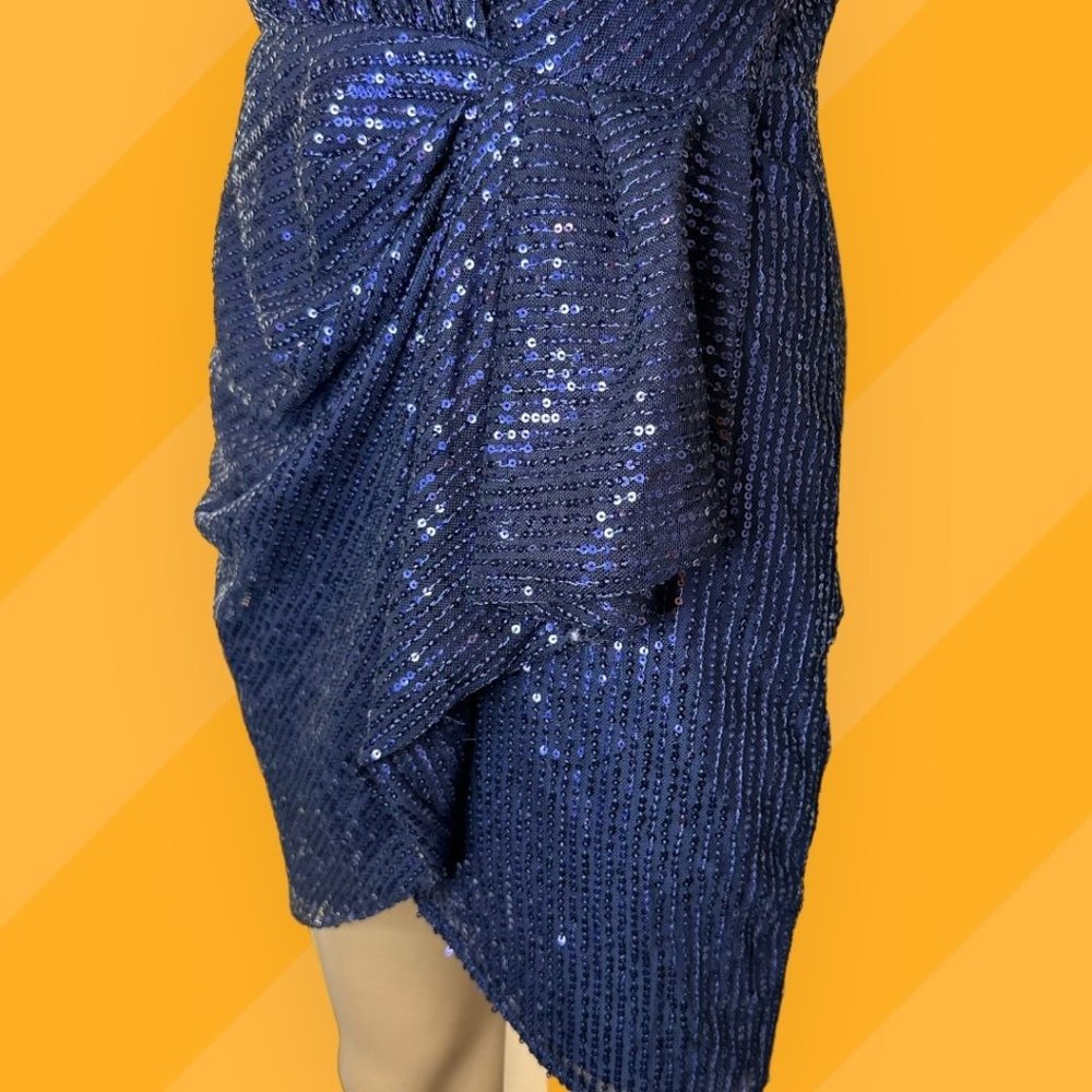 Double Crazy Blue Sequin Mini Dress Large L Lined Sleeveless Stretch V-Neck - Picture 10 of 16